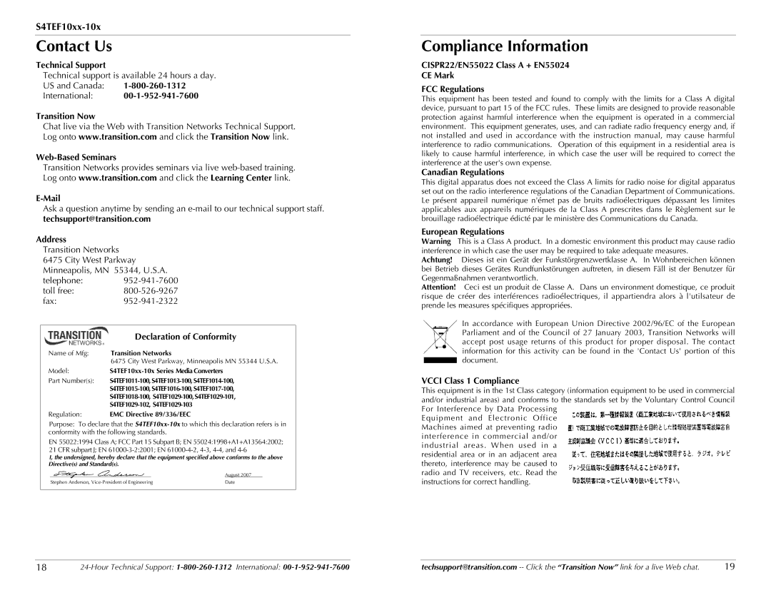 Transition Networks C4TEF10XX-10X specifications Contact Us, Compliance Information 