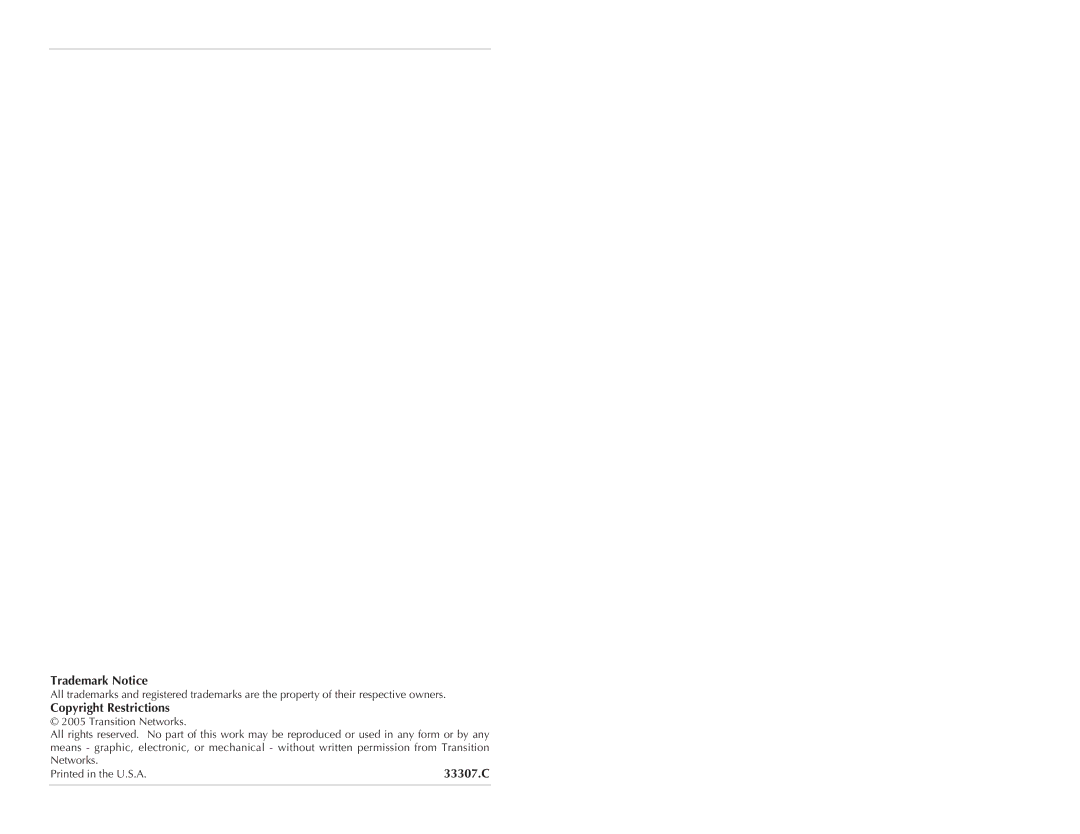 Transition Networks C4TEF10XX-10X specifications Trademark Notice, Copyright Restrictions, 33307.C 