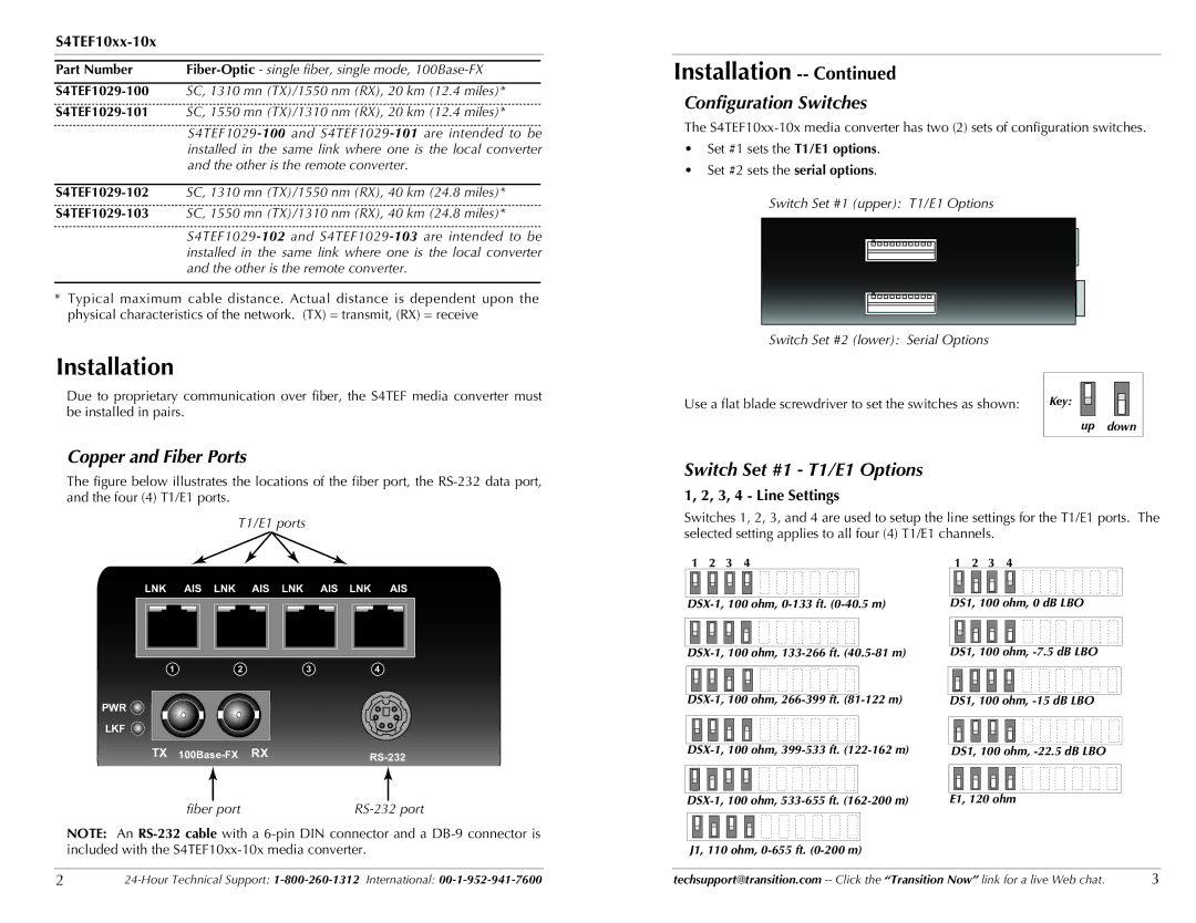 Transition Networks C4TEF10XX-10X specifications Installation, Configuration Switches, Copper and Fiber Ports 