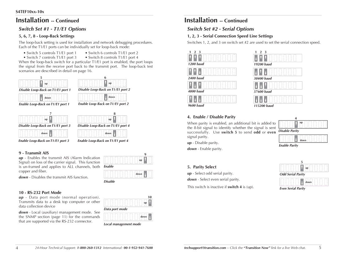 Transition Networks C4TEF10XX-10X specifications Switch Set #2 Serial Options 
