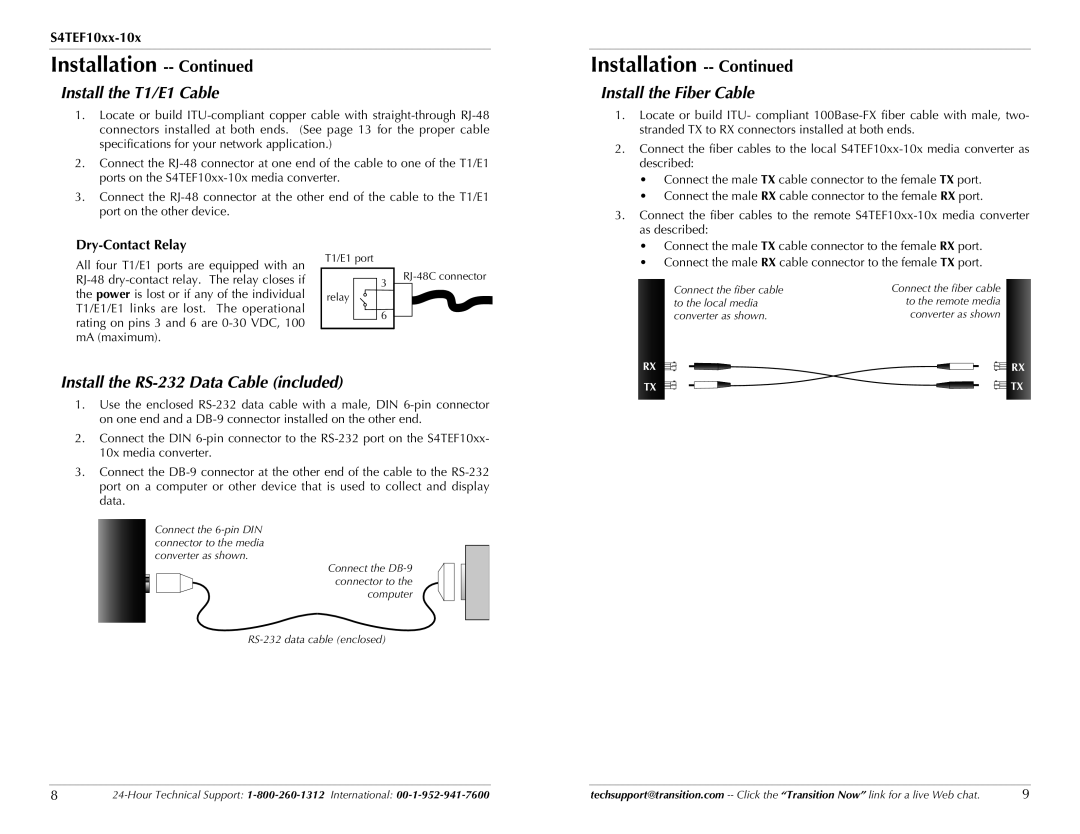 Transition Networks C4TEF10XX-10X Install the T1/E1 Cable, Install the Fiber Cable, Install the RS-232 Data Cable included 