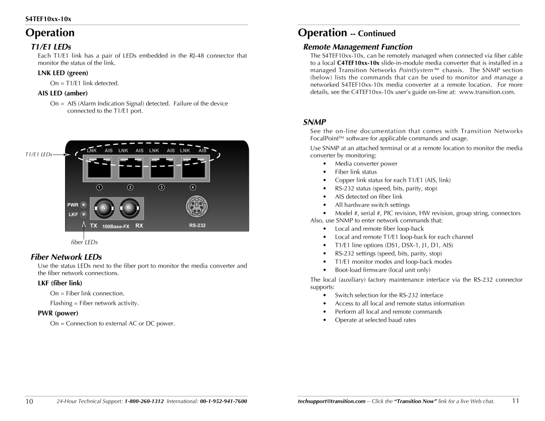 Transition Networks C4TEF10XX-10X specifications Operation, T1/E1 LEDs, Fiber Network LEDs, Remote Management Function 