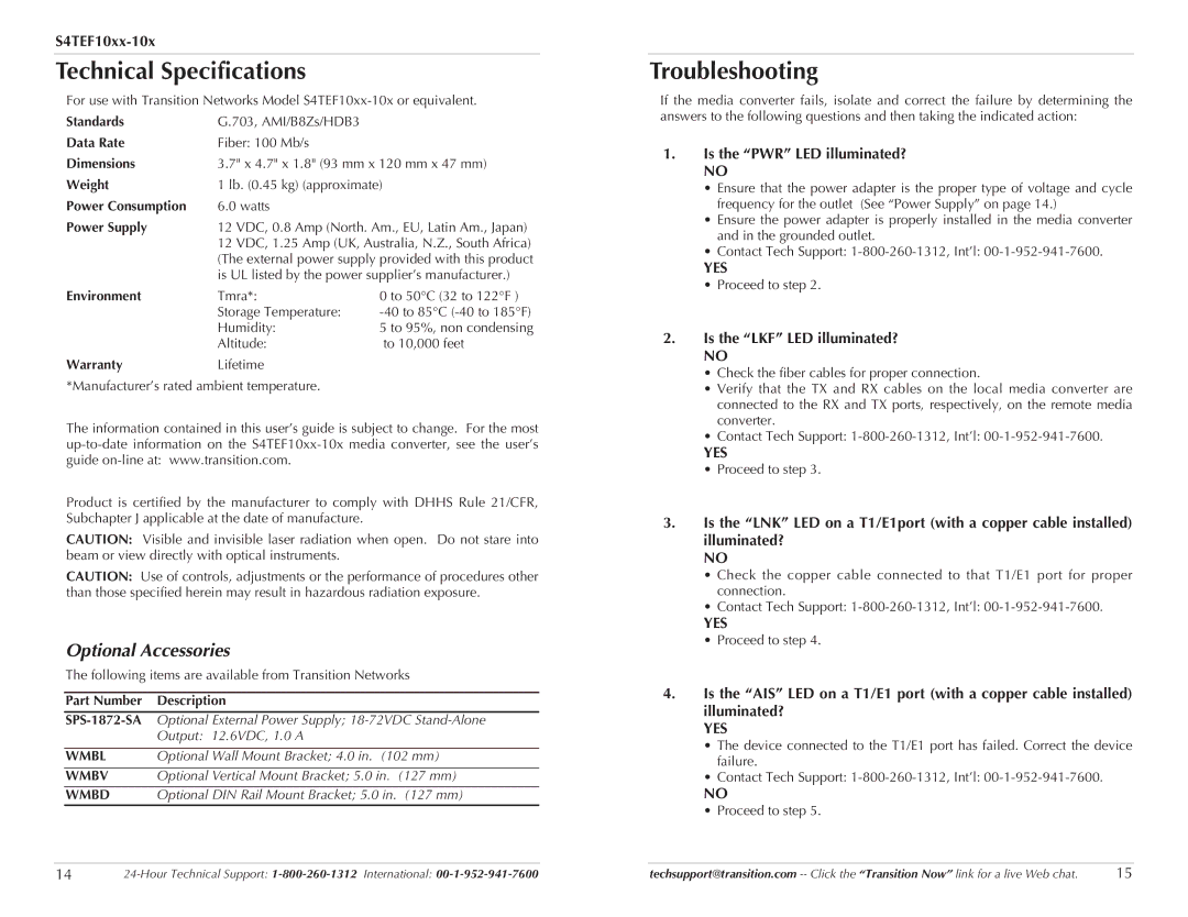 Transition Networks C4TEF10XX-10X specifications Technical Specifications, Troubleshooting, Optional Accessories 