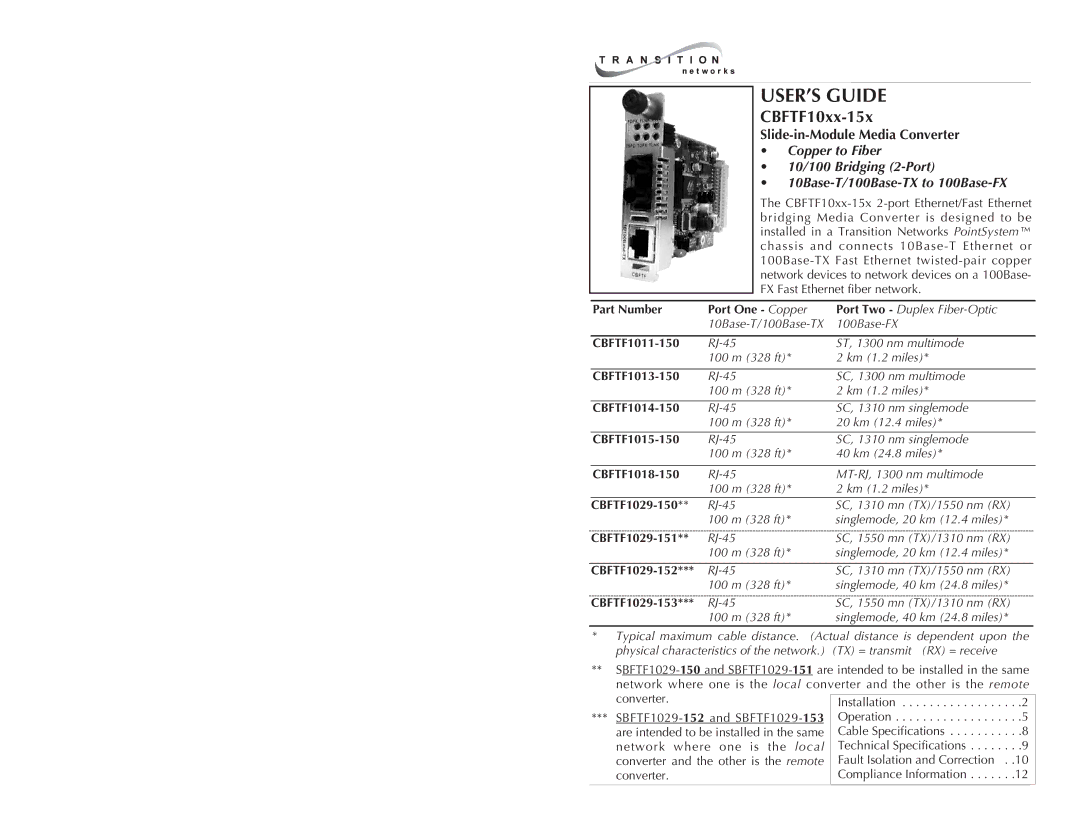 Transition Networks CBFTF10XX-15X specifications USER’S Guide, Slide-in-Module Media Converter 