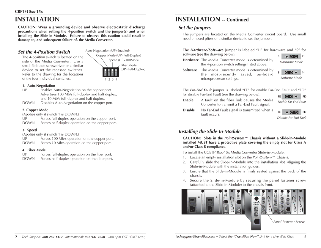 Transition Networks CBFTF10XX-15X Installation, Set the Jumpers, Set the 4-Position Switch, Installing the Slide-In-Module 