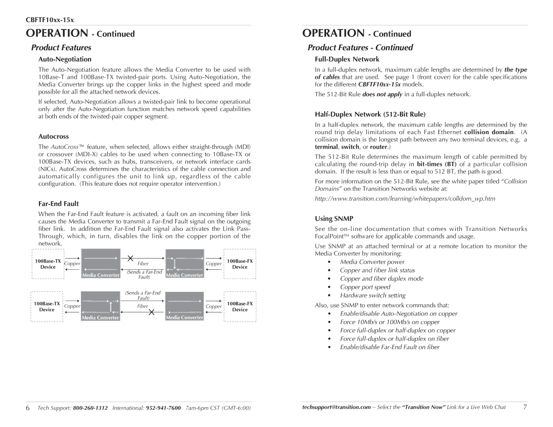 Transition Networks CBFTF10XX-15X specifications Product Features 