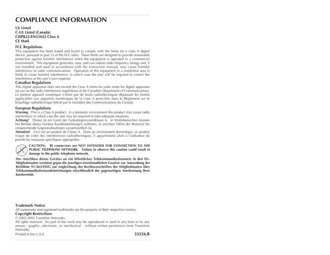 Transition Networks CBFTF10XX-15X specifications Compliance Information, 33226.B, European Regulations, Trademark Notice 