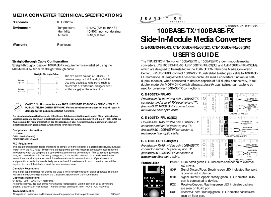 Transition Networks C/E-100BTX-FRL-03(SM) warranty Standards, Environment, Warranty, Straight-through Cable Configuration 