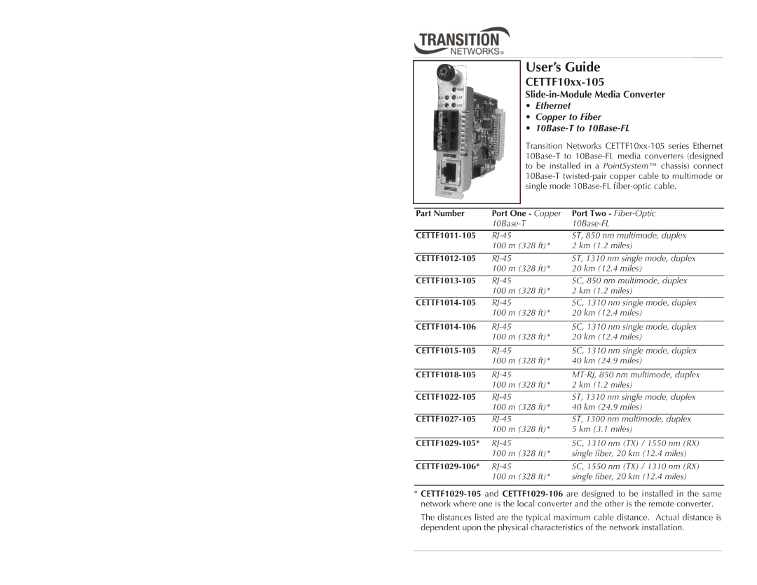 Transition Networks CETTF10XX-105 manual User’s Guide, Ethernet Copper to Fiber 10Base-T to 10Base-FL 