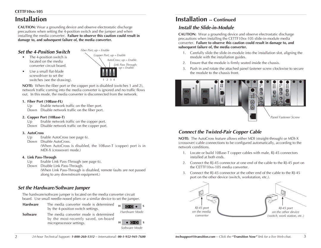 Transition Networks CETTF10XX-105 manual Installation, Install the Slide-in-Module Set the 4-Position Switch 