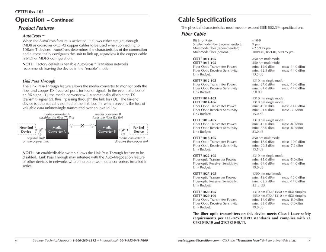 Transition Networks CETTF10XX-105 manual Cable Specifications, Product Features, Fiber Cable, AutoCross, Link Pass Through 