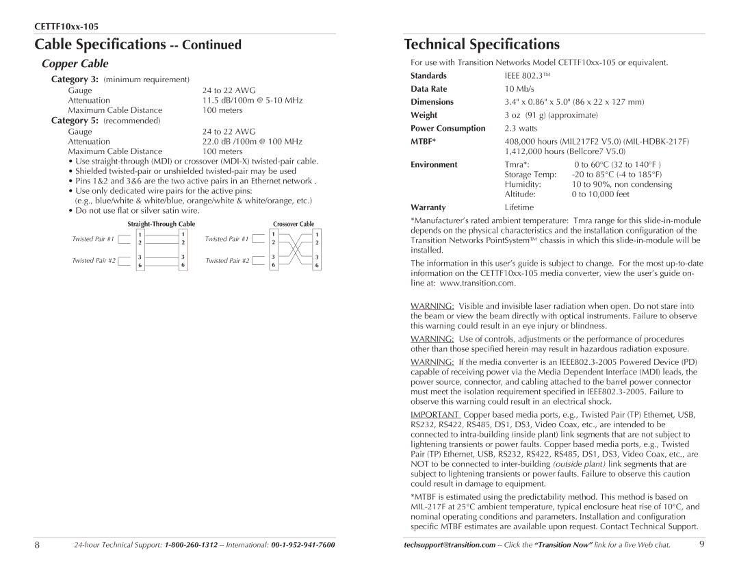 Transition Networks CETTF10XX-105 manual Technical Specifications, Copper Cable, Mtbf 