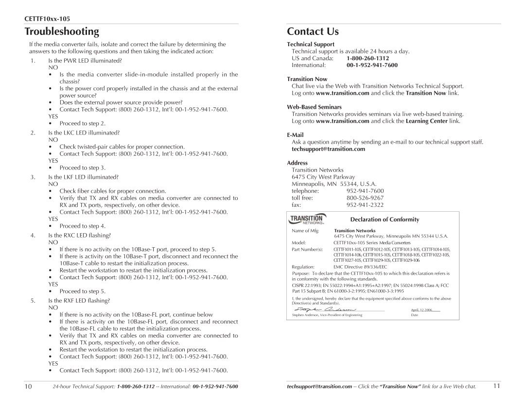 Transition Networks CETTF10XX-105 manual Troubleshooting, Contact Us 