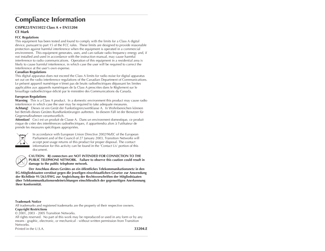 Transition Networks CETTF10XX-105 manual Compliance Information, CISPR22/EN55022 Class a + EN55204 CE Mark 