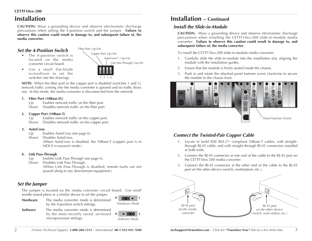 Transition Networks CETTF10XX-200 specifications Installation, Set the Jumper, Install the Slide-in-Module 