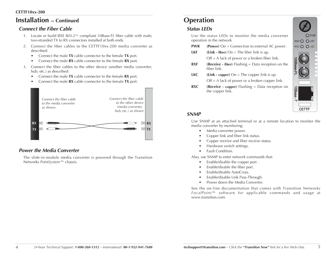 Transition Networks CETTF10XX-200 specifications Operation, Connect the Fiber Cable, Status LEDs, Power the Media Converter 