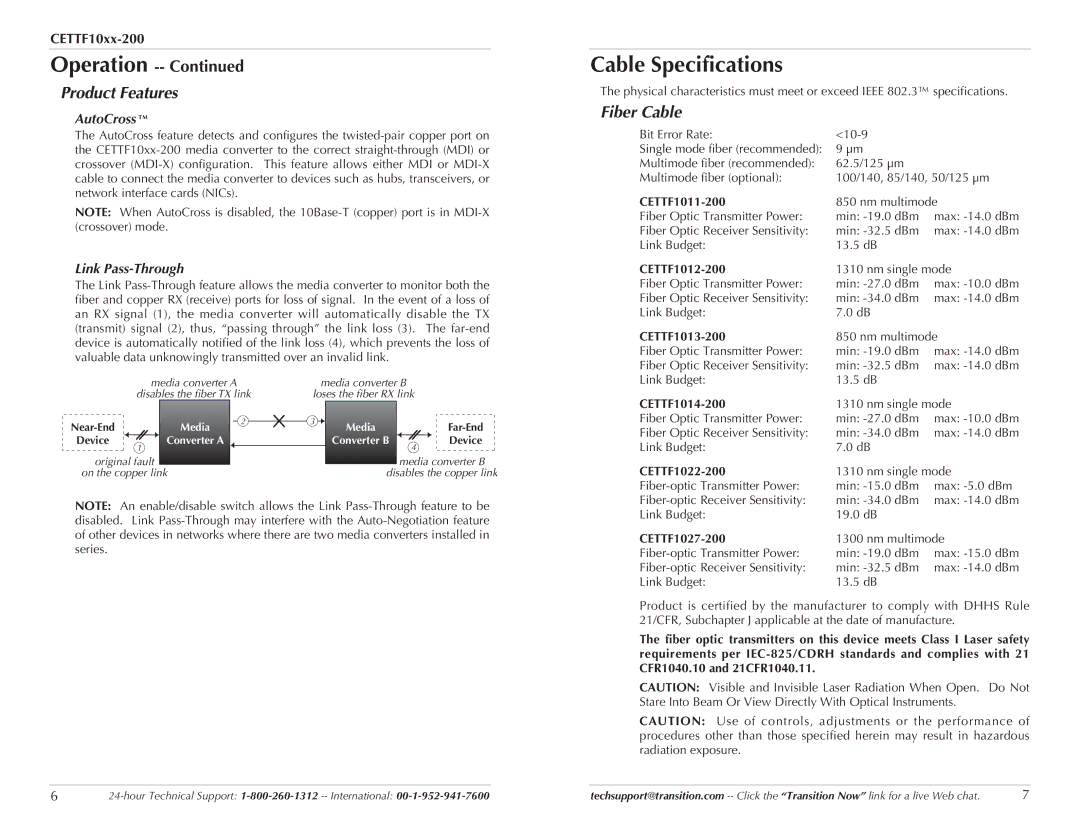 Transition Networks CETTF10XX-200 Cable Specifications, Product Features, Fiber Cable, AutoCross, Link Pass-Through 