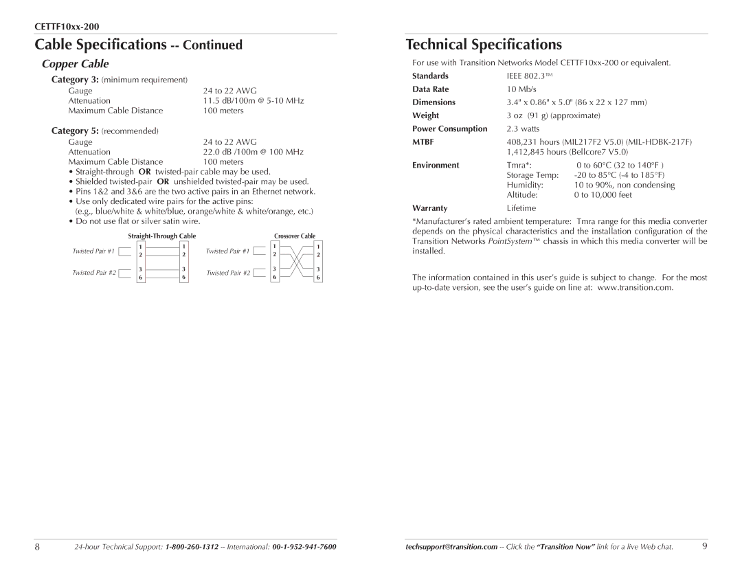 Transition Networks CETTF10XX-200 specifications Technical Specifications, Copper Cable, Mtbf 