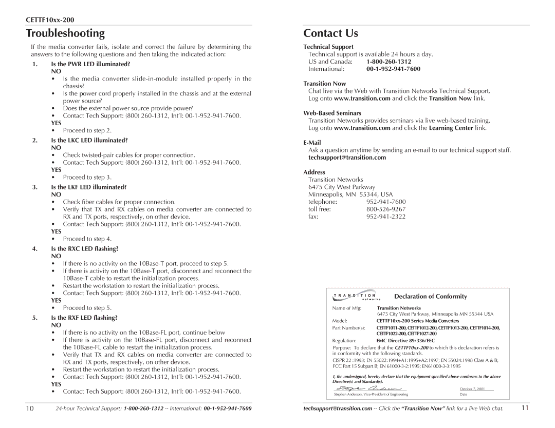 Transition Networks CETTF10XX-200 specifications Troubleshooting, Contact Us, Yes 