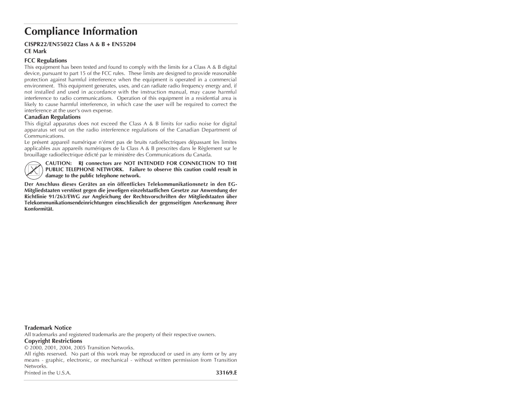 Transition Networks CETTF10XX-200 specifications Compliance Information, Trademark Notice, Copyright Restrictions 