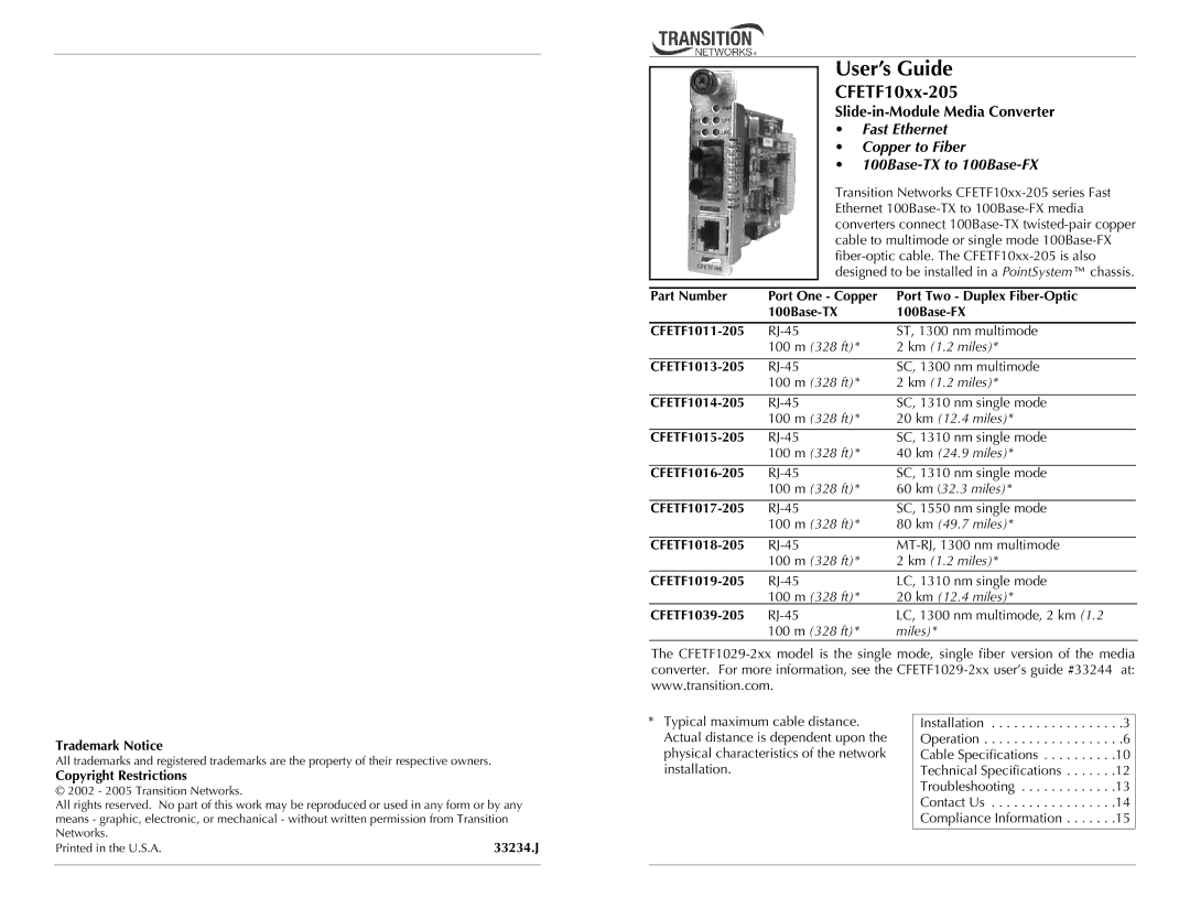 Transition Networks CFETF1011-205 specifications User’s Guide, Slide-in-Module Media Converter 