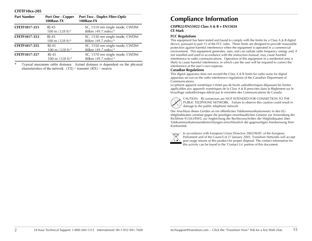 Transition Networks CFETF1011-205 Compliance Information, CFETF10xx-205, CFETF1017-353, CFETF1017-355, CFETF1017-357 