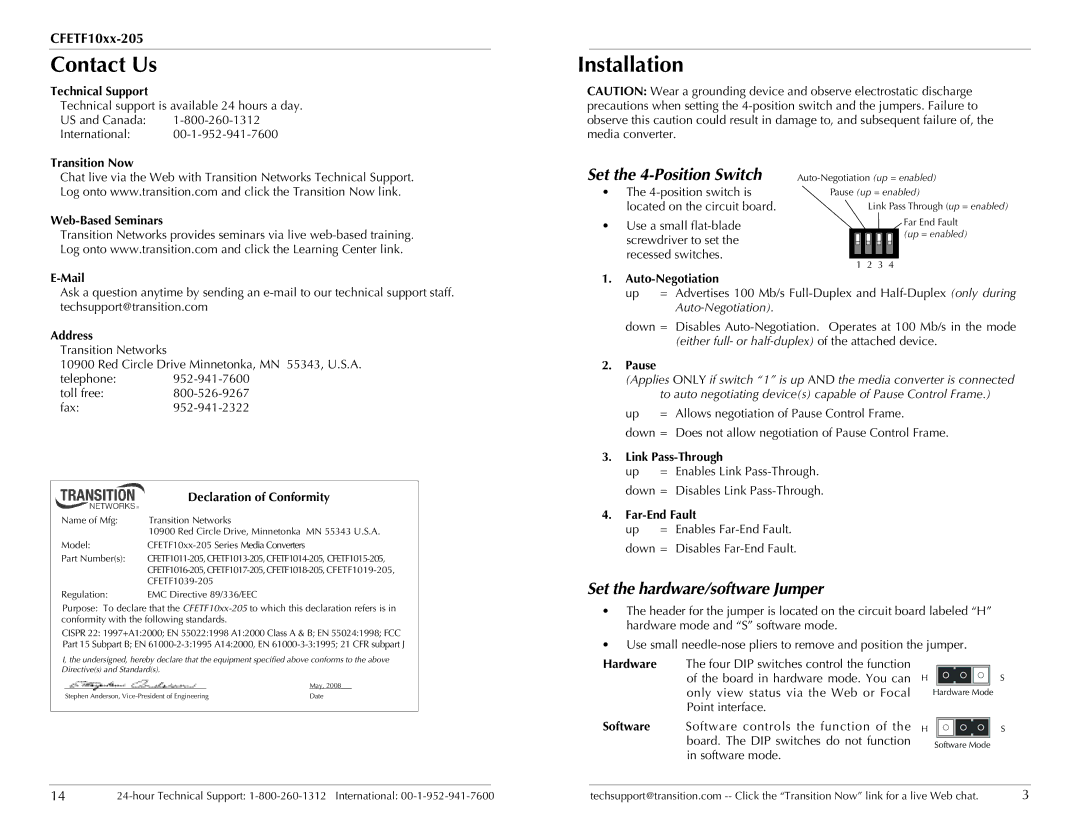 Transition Networks CFETF1011-205 Contact Us, Installation, Set the 4-Position Switch, Set the hardware/software Jumper 