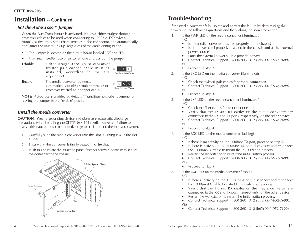 Transition Networks CFETF1011-205 Troubleshooting, Set the AutoCross Jumper, Install the media converter, Disable, Enable 