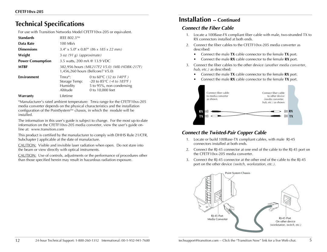 Transition Networks CFETF1011-205 Technical Specifications, Connect the Fiber Cable, Connect the Twisted-Pair Copper Cable 