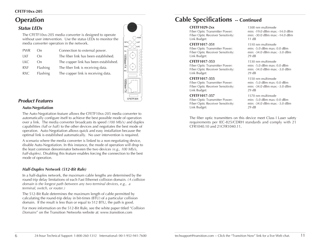 Transition Networks CFETF1011-205 specifications Operation, Cable Specifications, Status LEDs, Product Features 