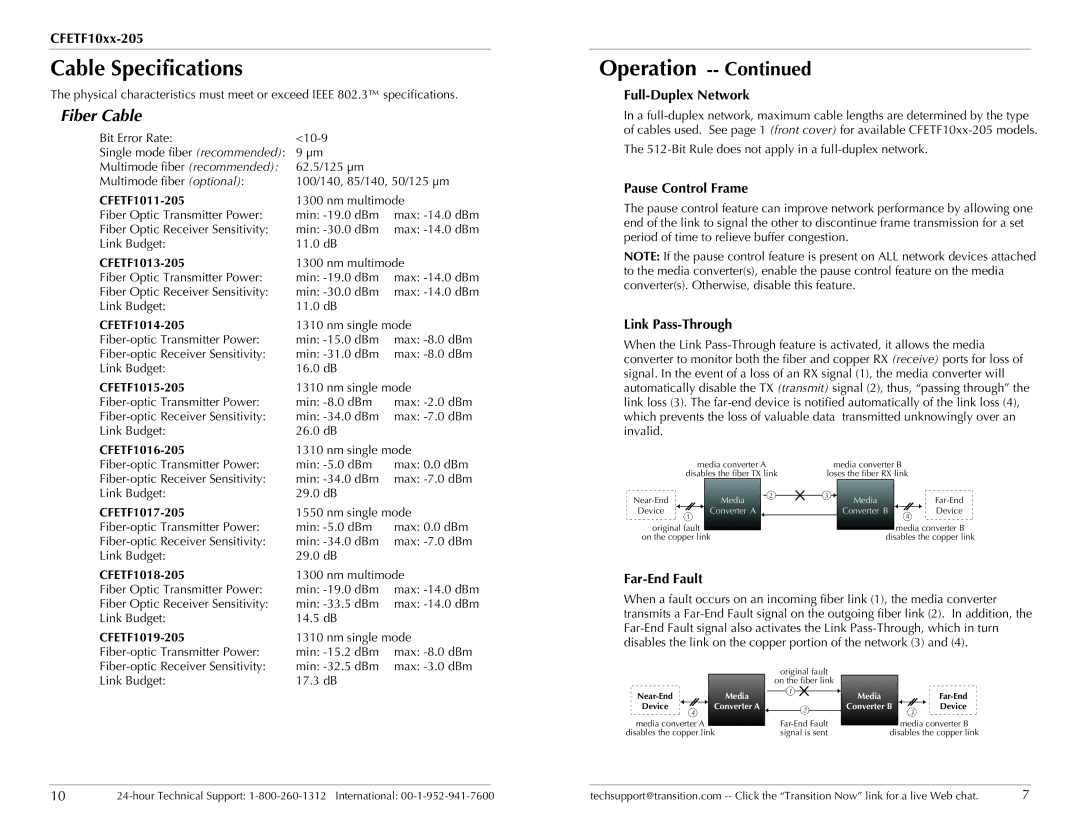 Transition Networks CFETF1011-205 specifications Operation, Fiber Cable 