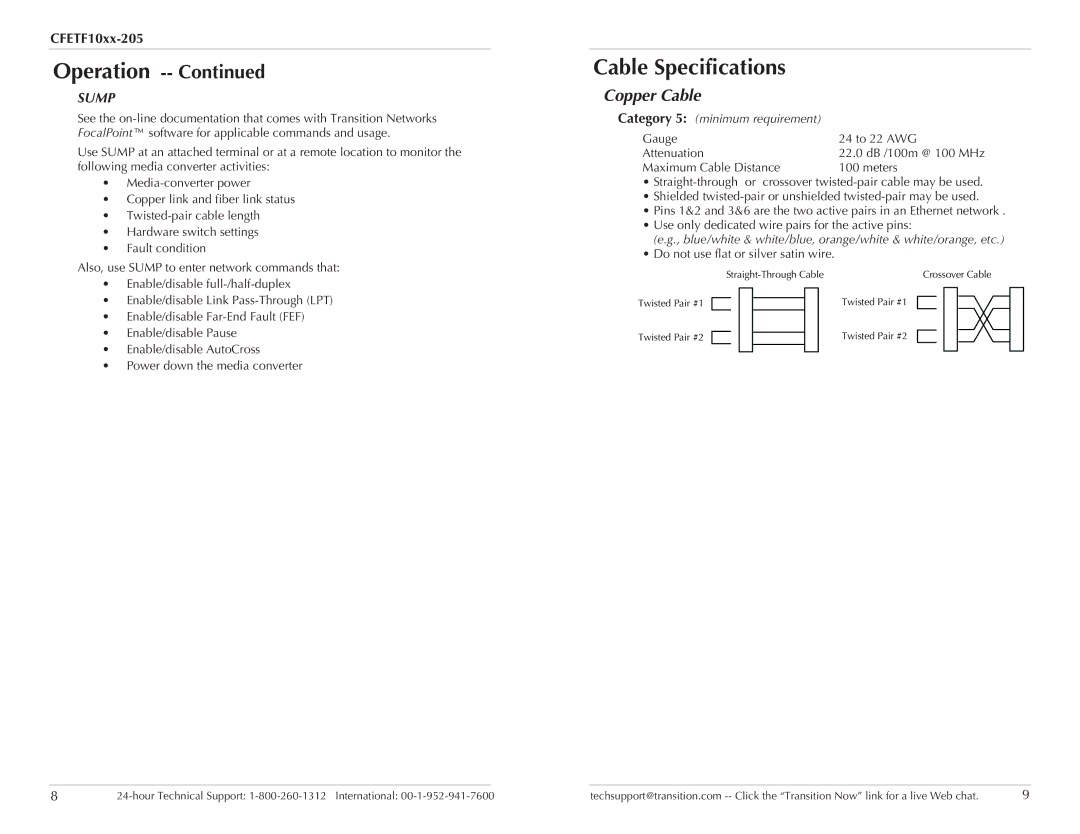 Transition Networks CFETF1011-205 specifications Copper Cable, Maximum Cable Distance Meters 