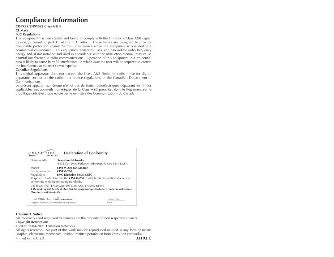 Transition Networks CPSFM-200 Compliance Information, 33193.C, Declaration of Conformity, Canadian Regulations 