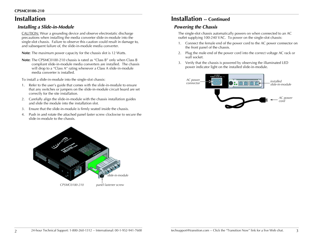 Transition Networks CPSMC0100-210 technical specifications Installation, Installing a Slide-in-Module, Powering the Chassis 