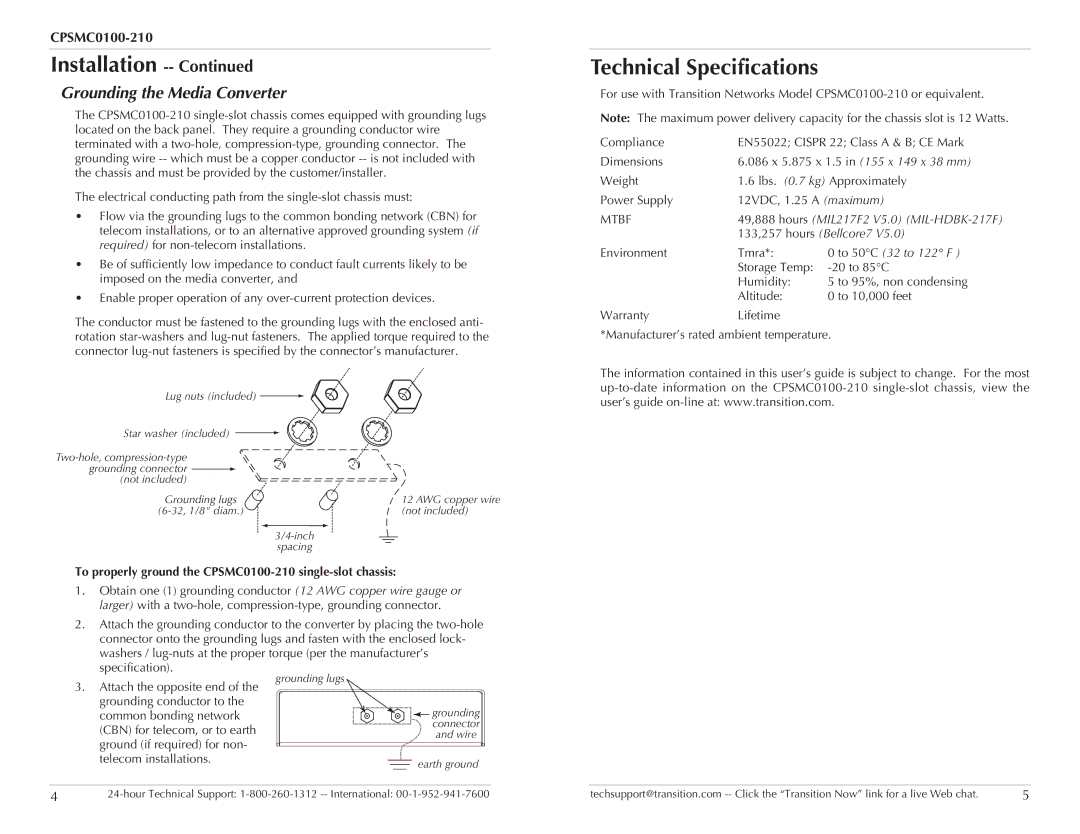 Transition Networks CPSMC0100-210 technical specifications Technical Specifications, Grounding the Media Converter 