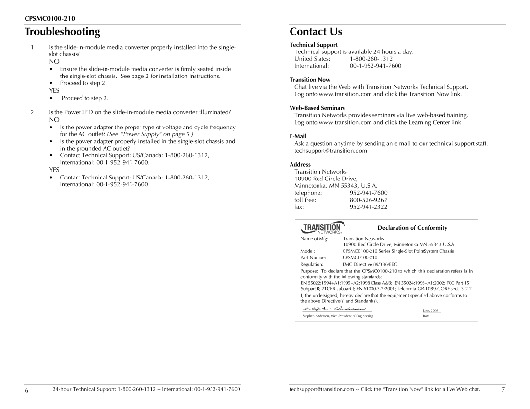 Transition Networks CPSMC0100-210 technical specifications Troubleshooting, Contact Us 