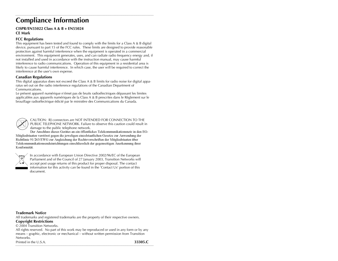 Transition Networks CPSMC0100-210 Compliance Information, Trademark Notice, Copyright Restrictions, 33305.C 