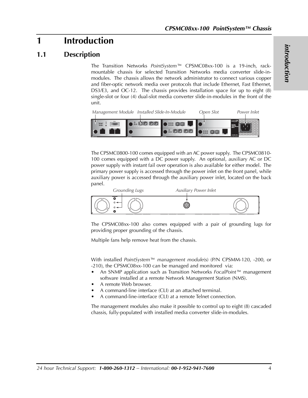 Transition Networks CPSMC0800-100, CPSMC0810-100 manual Introduction, Description, CPSMC08xx-100 PointSystem Chassis 