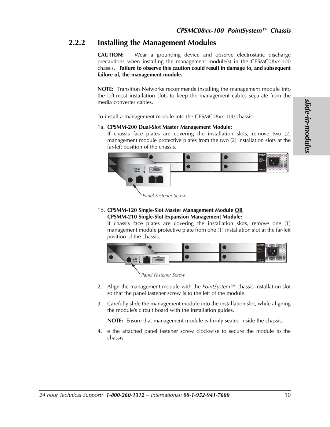 Transition Networks CPSMC0800-100 Installing the Management Modules, 1a. CPSMM-200 Dual-Slot Master Management Module 