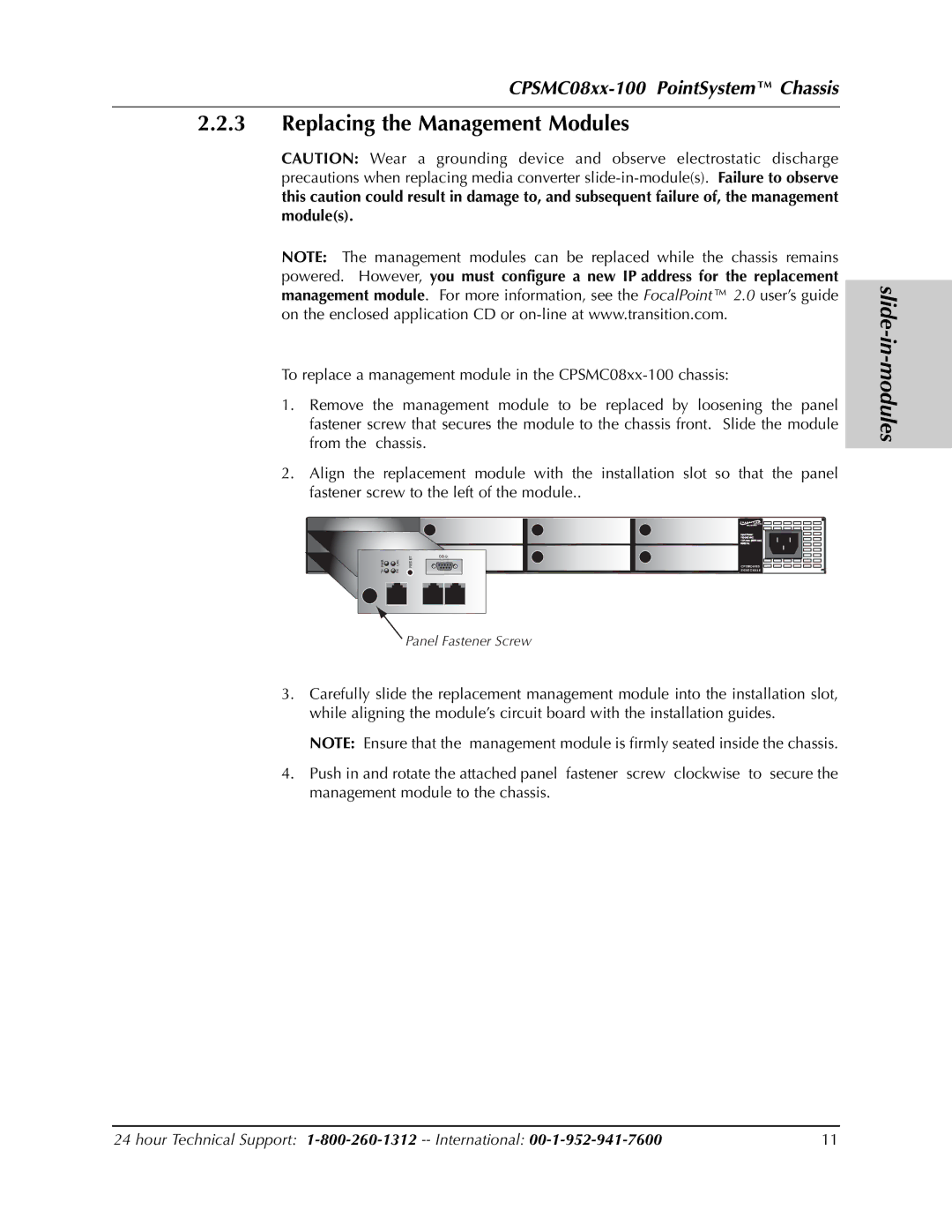 Transition Networks CPSMC0810-100, CPSMC0800-100 manual Replacing the Management Modules 