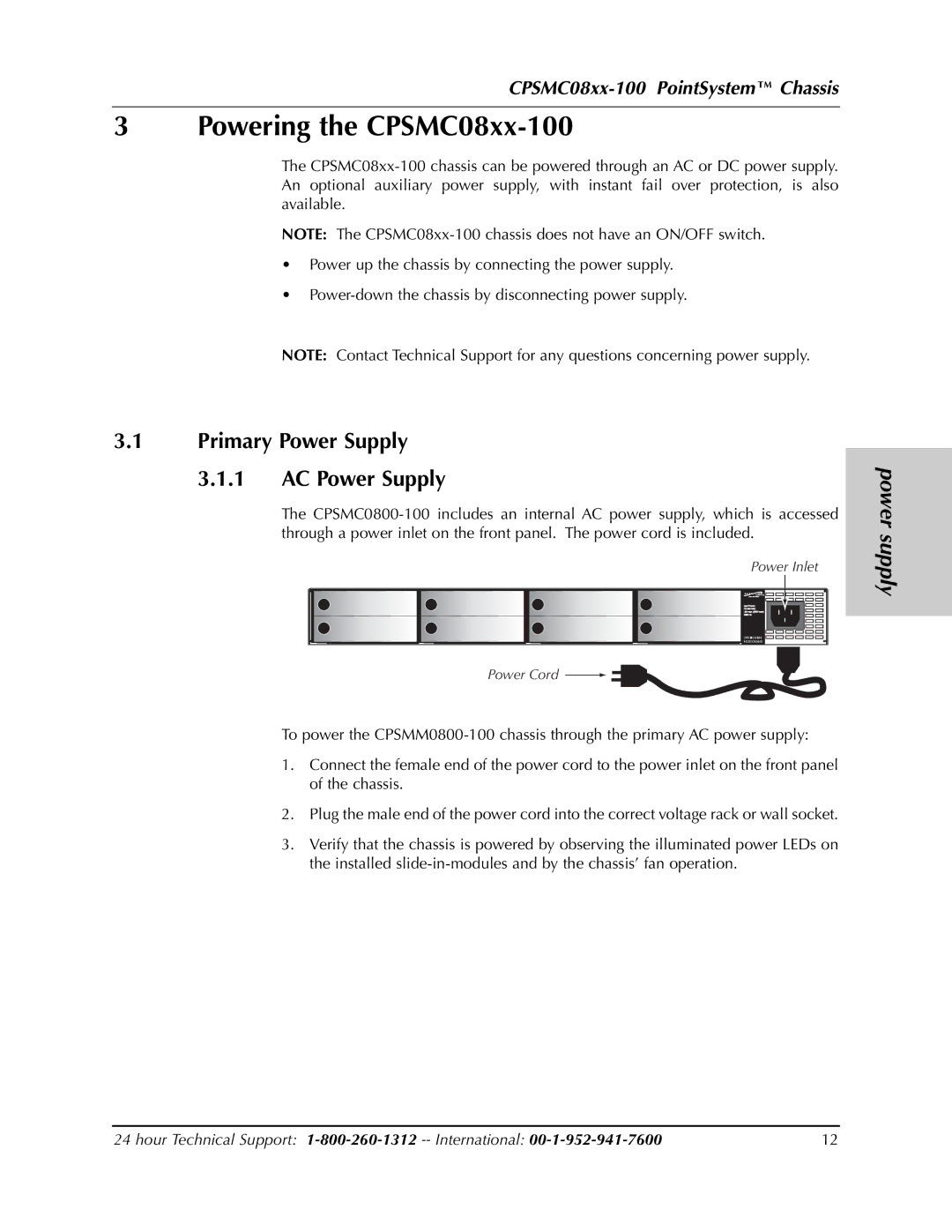 Transition Networks CPSMC0800-100 Powering the CPSMC08xx-100, Primary Power Supply 3.1.1 AC Power Supply, Power supply 