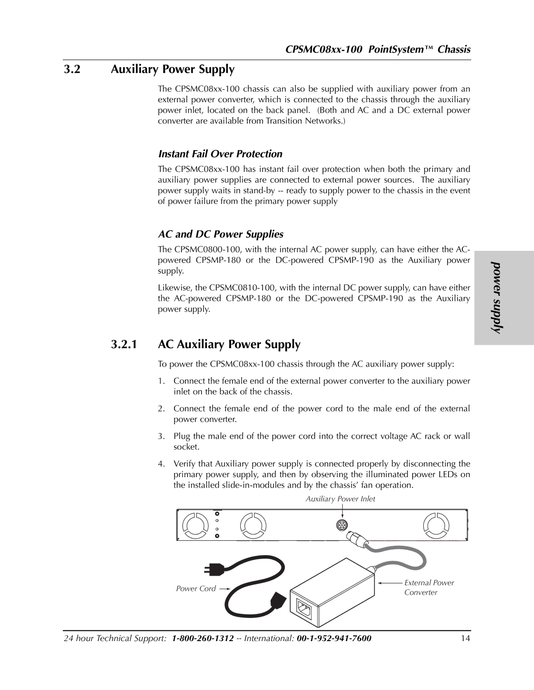 Transition Networks CPSMC0800-100 AC Auxiliary Power Supply, Instant Fail Over Protection, AC and DC Power Supplies 