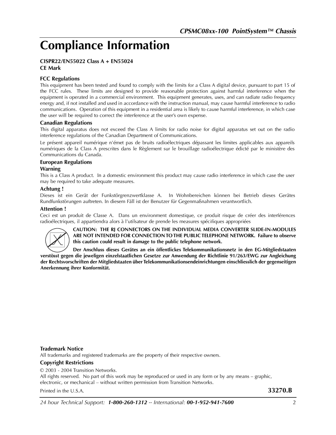 Transition Networks CPSMC0800-100, CPSMC0810-100 manual Compliance Information, CPSMC08xx-100 PointSystem Chassis 