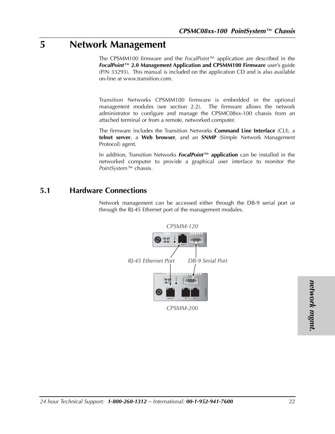 Transition Networks CPSMC0800-100, CPSMC0810-100 manual Network Management, Hardware Connections, Network mgmt 