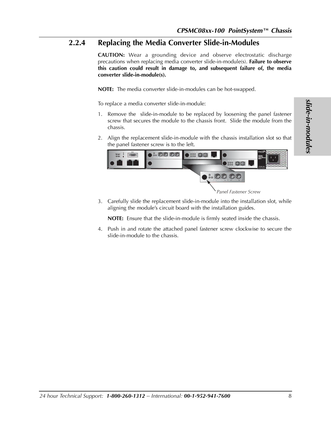 Transition Networks CPSMC0800-100, CPSMC0810-100 manual Replacing the Media Converter Slide-in-Modules 