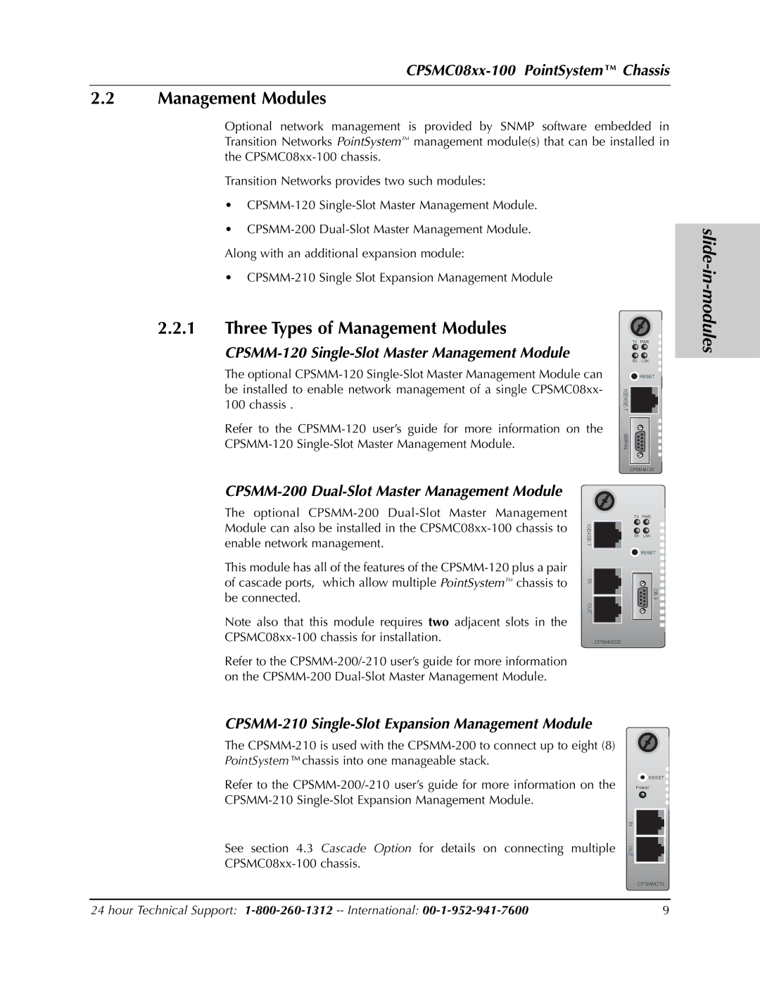 Transition Networks CPSMC0810-100, CPSMC0800-100 manual Slide-in, Three Types of Management Modules 