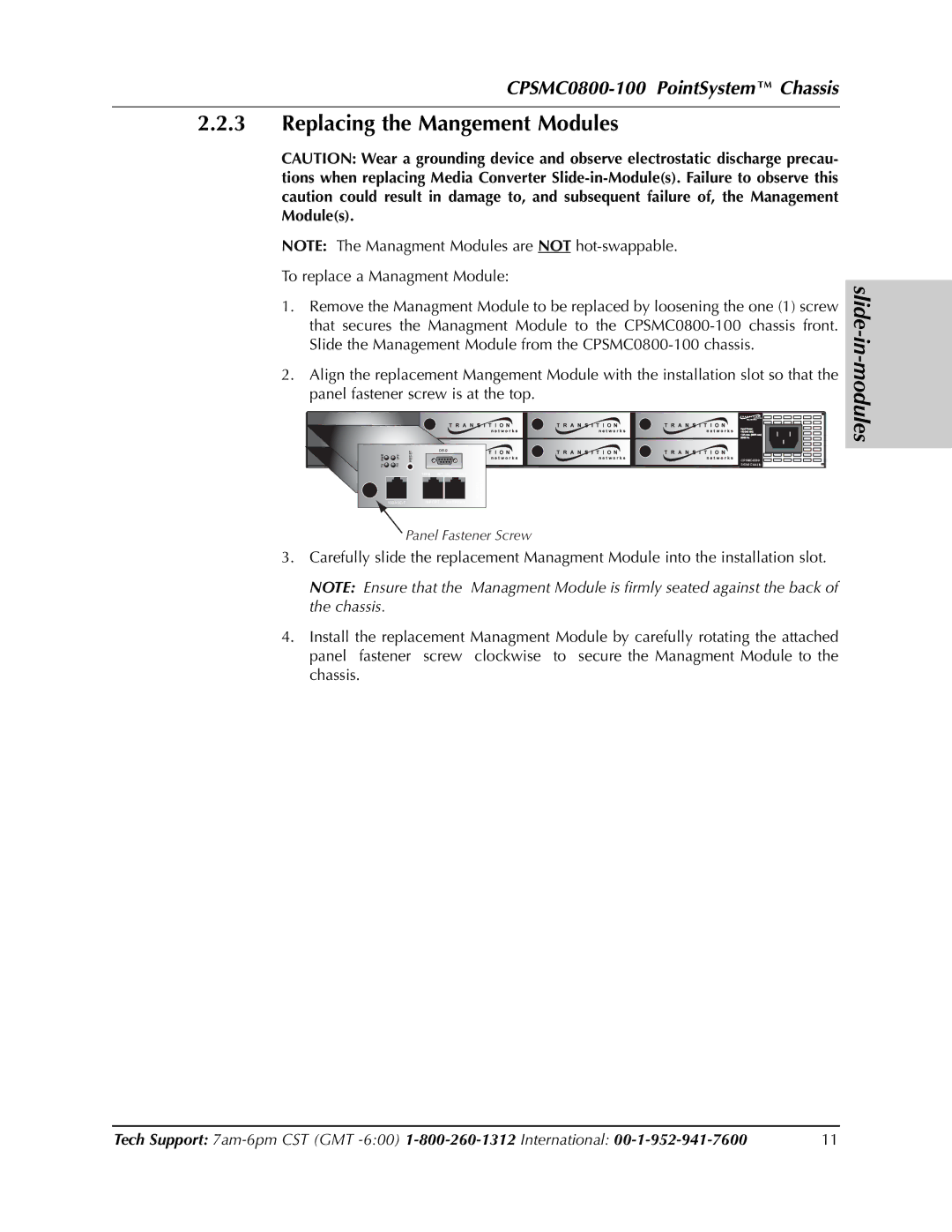 Transition Networks CPSMC0800-100 manual Replacing the Mangement Modules 