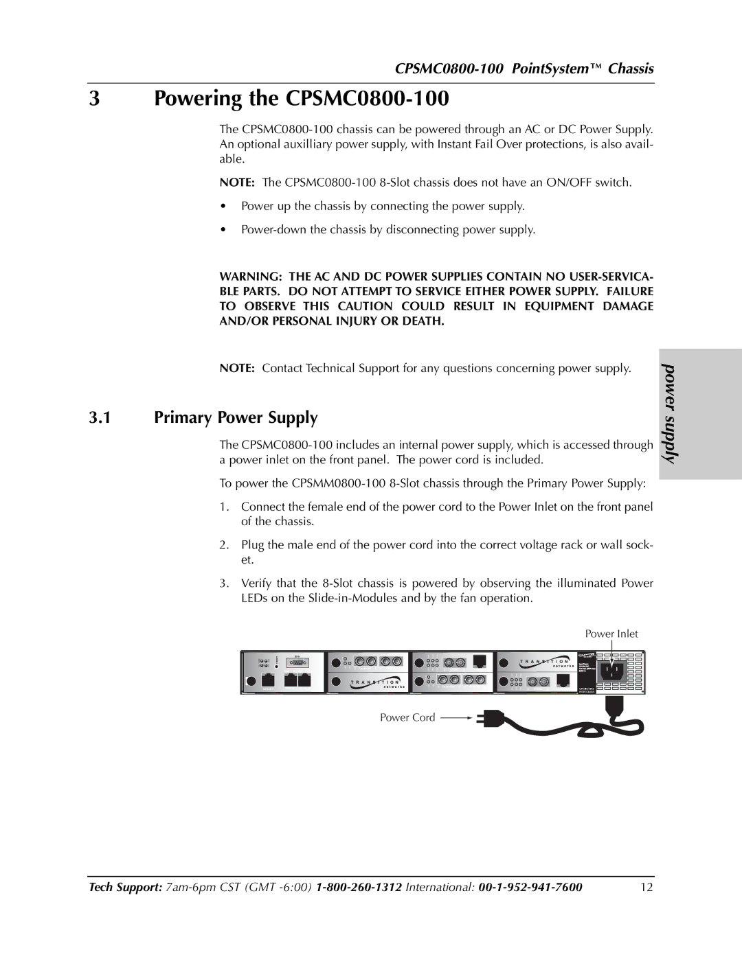 Transition Networks manual Powering the CPSMC0800-100, Primary Power Supply, Power supply 