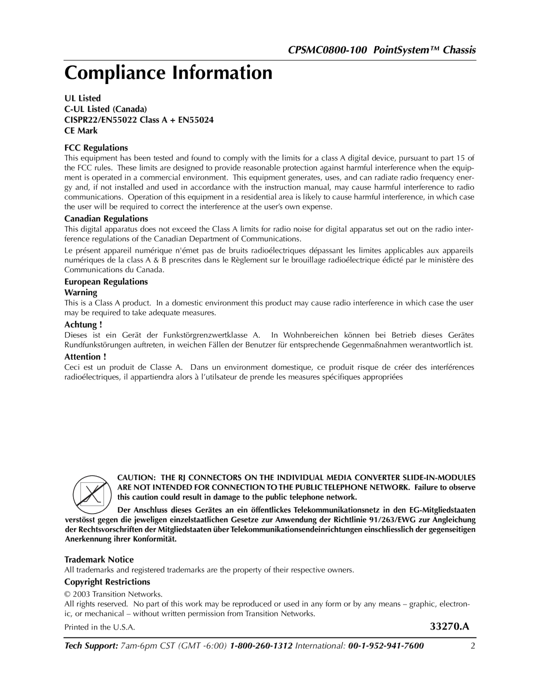 Transition Networks manual Compliance Information, CPSMC0800-100 PointSystem Chassis 