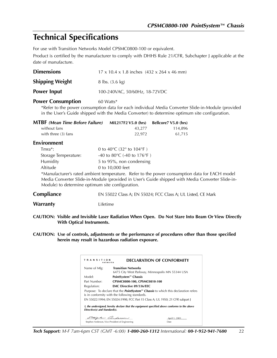 Transition Networks CPSMC0800-100 manual Technical Specifications, Power Consumption 60 Watts 